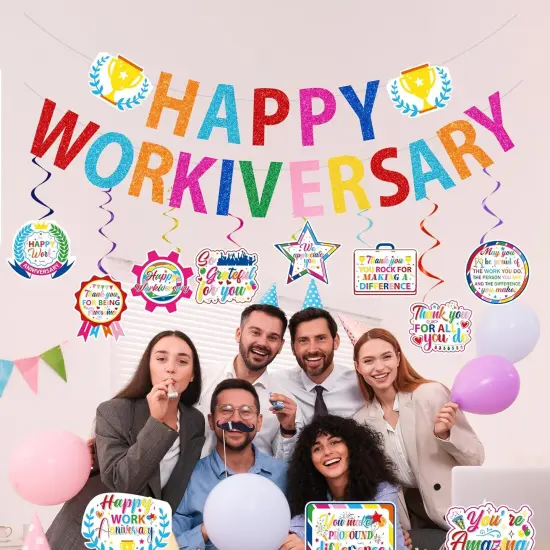 Happy Work Anniversary Decorations - 13PCS Glitter Banner, Hanging Swirls & Centerpieces (Colorful) {4}