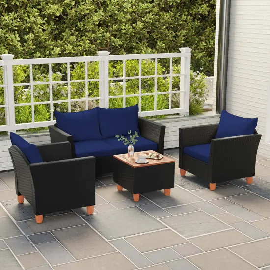 Costway 4 PCS Wicker Patio Furniture Set with Removable Cushions Storage Coffee Table White/Navy/Gray {4}