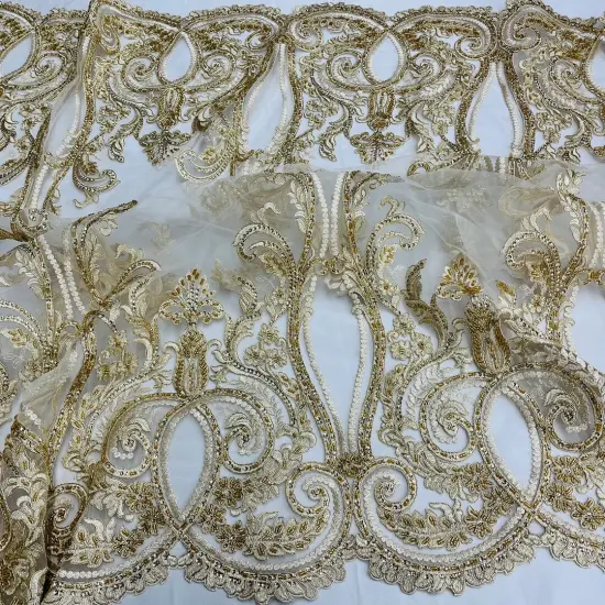 1 Yard Gold Metallic Beaded & Corded Bridal Lace Fabric, Embroidered 100% Polyester Net Mesh, 54" Wide White {2}