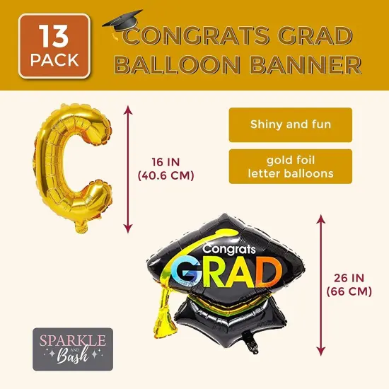 Congrats Grad Balloon Banner - Shiny Gold Balloons for Graduation Party Decorations, Class of 2025, 16 Inch {2}