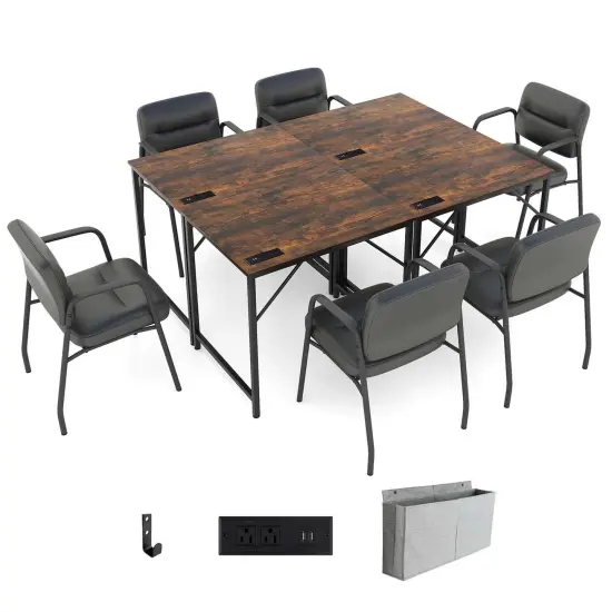 Costway 32" Meeting Room Desk Set of 2/4/6 with Charging Station & Headphone Hook Metal Frame Brown {8}
