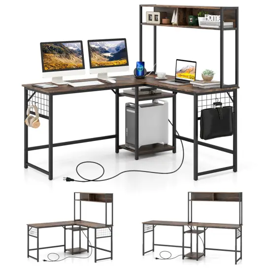 Costway L-shaped Desk with Power Outlet Large Corner Desk Converts to 2-Person Long Desk Rustic Brown/Black {7}