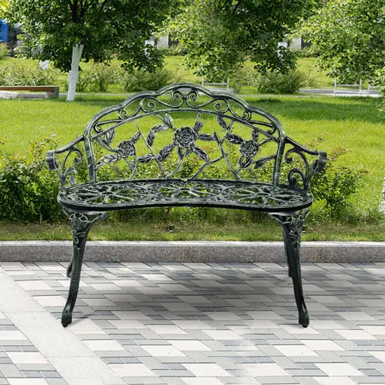 Costway Patio Garden Bench Chair Style Porch Cast Aluminum Outdoor Rose Antique Green {4}