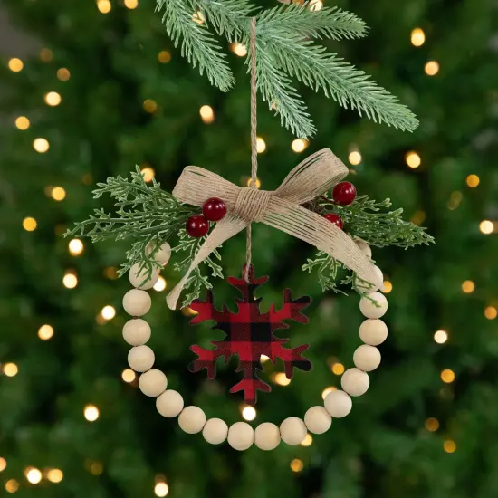Northlight Buffalo Plaid Snowflake Wooden Beads Christmas Wreath Ornament - 7" Beige {1}