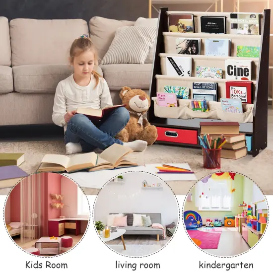 Costway Kids Book Rack Toys Organizer with 4 Sling Bookshelf & 2 Boxes Espresso\Beige {5}