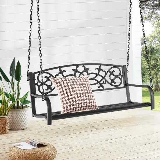 Costway 2-Person Metal Outdoor Porch Swing Hanging Patio Bench 485 Lbs Capacity Black\Brown {8}