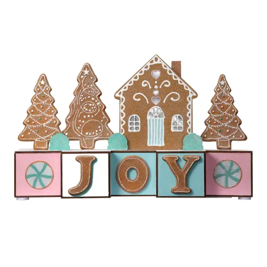 Haute Decor 15 inch Wide Christmas Wood Blocks Lighted Tabletop, Counter, Shelf, or Mantel Decoration - Joy with Gingerbread - Pre-lit and Battery Operated with Automatic Timer {4}