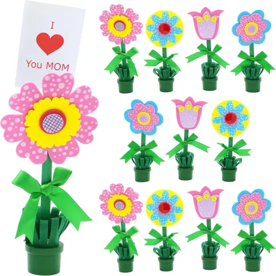 4E's Novelty Foam Flower Pot Craft Kit DIY Bulk 12 Pack Spring Crafts for Kids, Mothers Day Card Holder, Recipe or Picture Holder DIY Mothers Day Gifts from Kids School Classroom Home Activities {1}