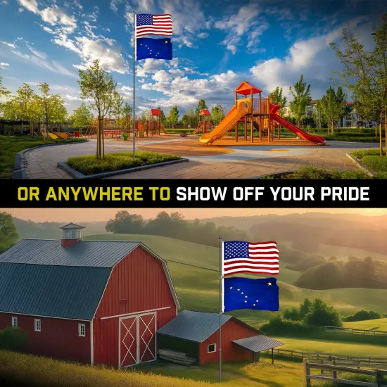 G128 Combo Pack: 20 Ft Telescoping Aluminum Flagpole (Black) & American and Alaska Flags 3x5 Ft, Both ToughWeave Series Embroidered Polyester | Pole with Flags Included {6}