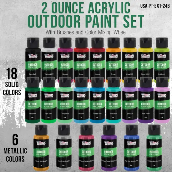 Professional 24 Color Outdoor Acrylic Paint Set, 2oz Bottles, with 7 Brush Kit - Vivid Colors for Painting Canvas, Rocks, Wood Crafts, Toys {2}