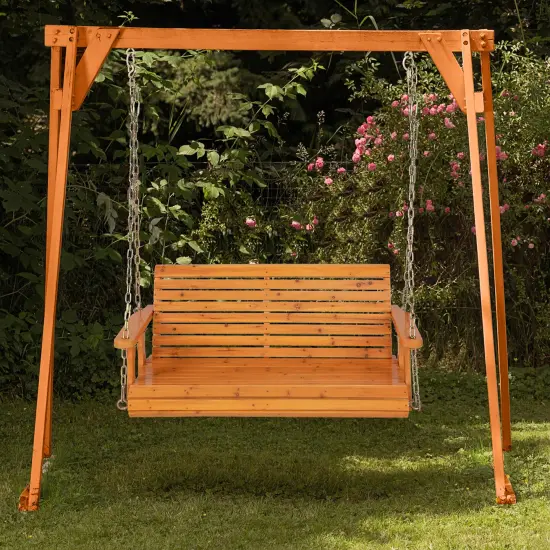Costway Porch Swing Wood Outdoor Patio Hanging Bench Chair for Garden Backyard White/orange {3}