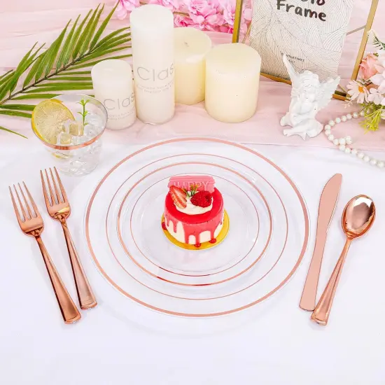 300PCS Clear Rose Gold Plastic Dinnerware - Rose Gold Disposable Dinnerware Set Include 50 Dinner Plates,50 Dessert Plates,50 Knives,50 Forks,50 Spoons,50 Cups for Party, Wedding & Mother&rsquo;s Day {3}