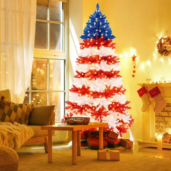 Costway 7.5 FT Patriotic Pre-Lit Artificial Christmas Tree with 1341 Branch Tips 480 Lights {4}