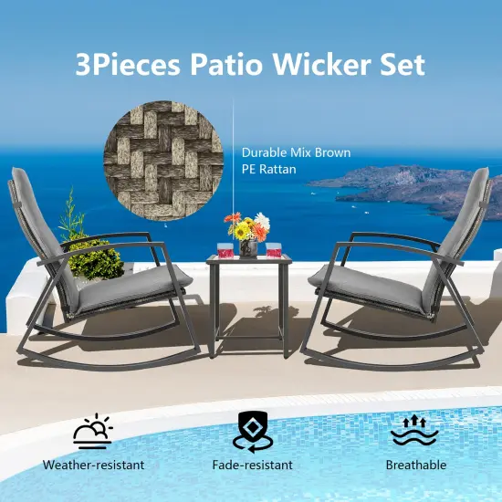 Costway 3PCS Patio Rattan Rocking Chair Table Furniture Set Yard Cushion {6}