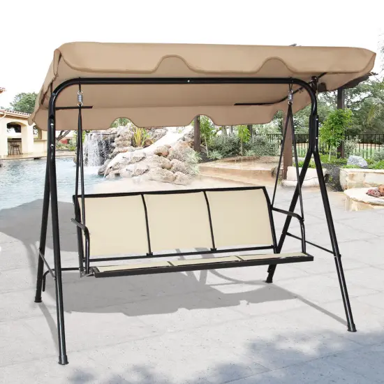 Costway 3 Person Outdoor Patio Swing Canopy Awning Yard Furniture Hammock Steel Beige {2}