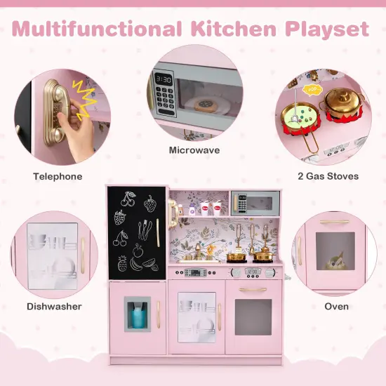 Costway Kid's Pretend Play Kitchen Toddler Kitchen Playset with Blackboard Pink/White/Light Pink/Beige {6}
