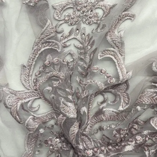 1 Yard Luxurious Beaded and Corded Bridal Lace Fabric Embroidered on 100% Polyester Net Mesh Blush 54" Width Plum {4}