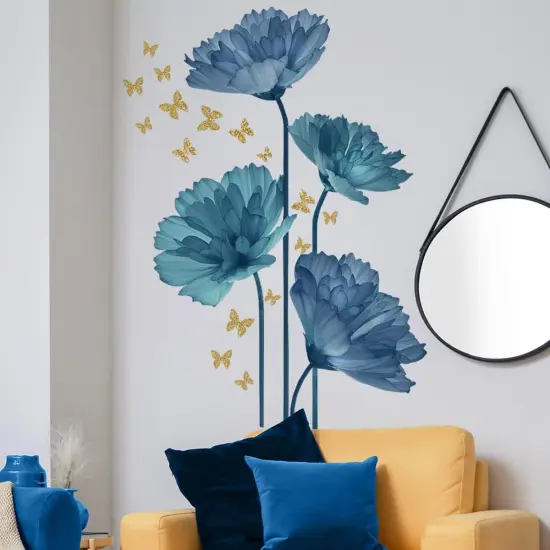Large Blue Flower Wall Decals Butterfly Floral Wall Stickers Backdrop for Living Room Bedroom Bathroom Wall Decor {2}