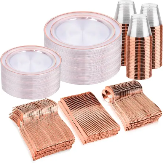 300PCS Clear Rose Gold Plastic Dinnerware - Rose Gold Disposable Dinnerware Set Include 50 Dinner Plates,50 Dessert Plates,50 Knives,50 Forks,50 Spoons,50 Cups for Party, Wedding & Mother&rsquo;s Day {1}