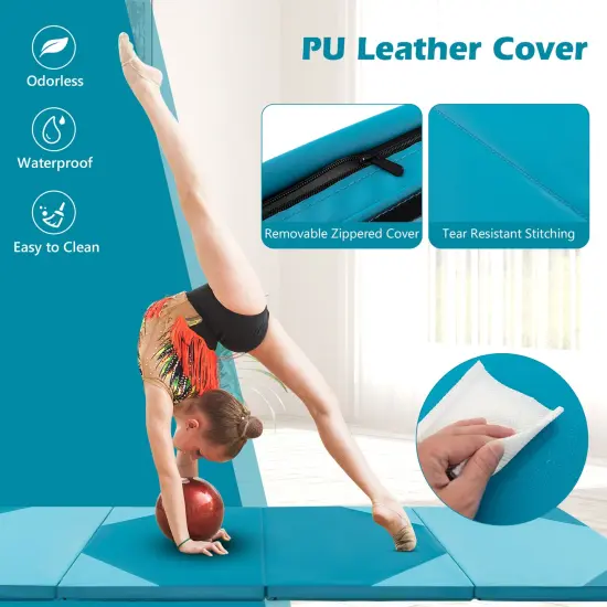 10-Feet Long Folding Exercise Mat with Waterproof PU Leather Cover Perfect for Stretches and Routines Blue {5}