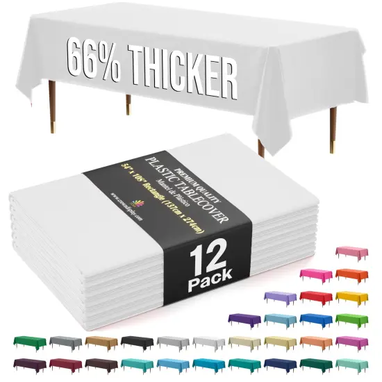 Exquisite 12-Pack Premium Plastic Tablecloth 54in. x 108in. Rectangle Plastic Table Cover White {1}