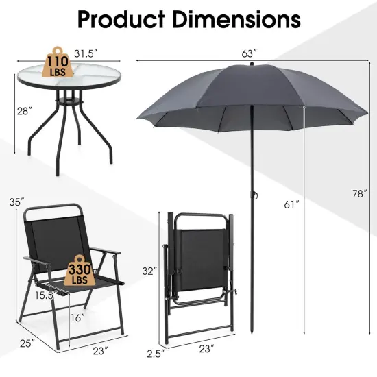 Costway 6 PCS Patio Dining Set Folding Chairs Glass Table Umbrella Garden {3}