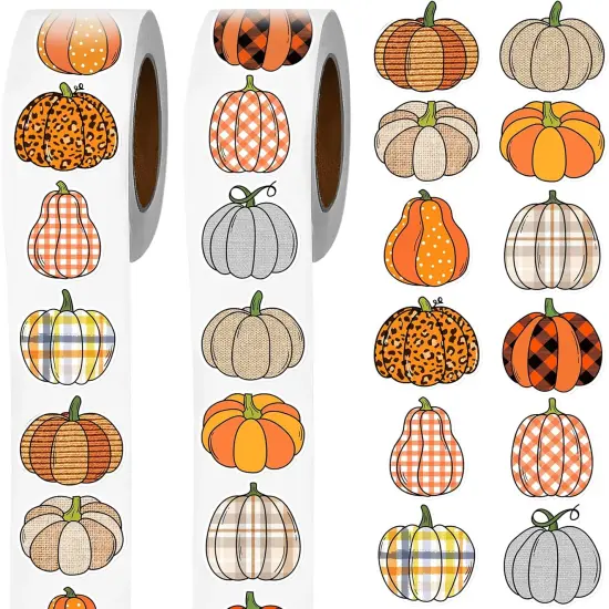 Plaid Pumpkins Stickers Roll - 1000 Pcs {1}