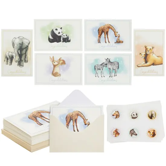 24 Pack Blank Baby Shower Cards and Envelopes with Sticker Seals, 6 Animal Designs (4x6 In) White {1}