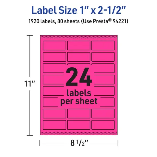 Avery Neon Magenta Paper Labels, 1" x 2.5" Rectangle {5}