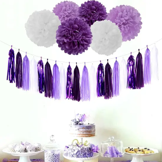 Purple White Lavender Party-Decorations Tassel-Garland - 20pcs Women Girl Birthday Supplies Tassels, Baby Bridal Shower Wedding Engagement Bachelorette Graduation Decor {4}