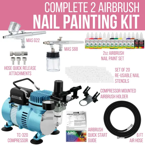 2 Airbrush Nail System Kit with 12 Paint Color Set, High Performance Single-Piston Airbrush Air Compressor {2}