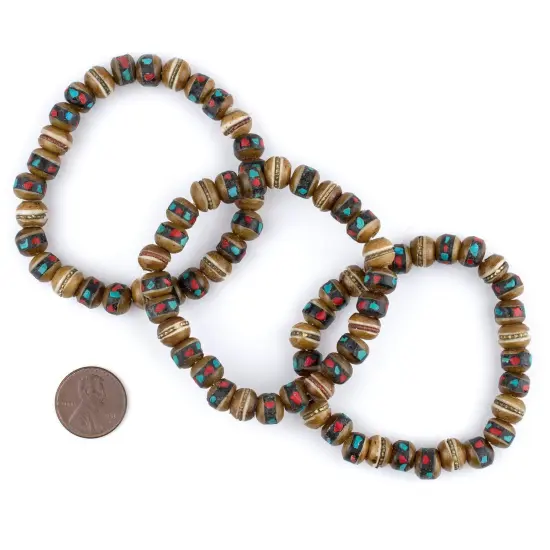 The Bead Chest Mala Stretch Bracelet, Brown - Stackable Nepal Bone Inlaid with Turquoise & Coral Colors, 100% Authentic and Genuine {2}