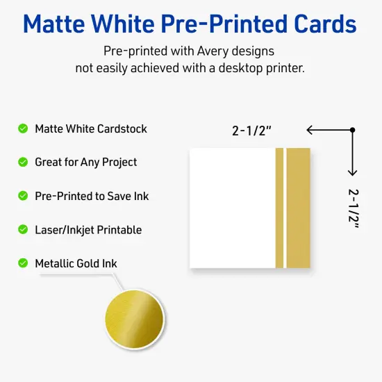 Avery Printable Square Cards, Gold Double-Dipped Edge, 2.5" x 2.5", Matte White Square Cards, Laser/Inkjet, 90ct, Great for Business Cards {2}