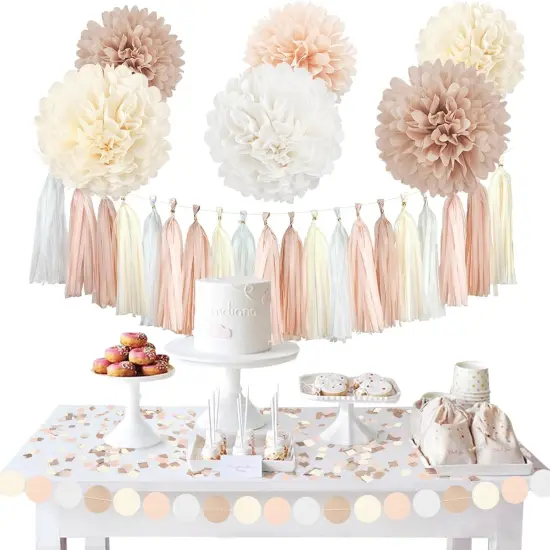 Boho Wedding & Baby Shower Decorations, 28PCS Creamy White Tissue Paper Pom Poms, Tassels & Dots Paper Garland, Perfect for Bridal Showers, Birthdays & More {1}