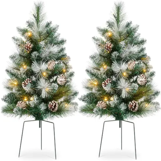 24.5in Pre-Lit Outdoor Christmas Trees, Battery Operated Holiday Pair with LED Lights Flocked {7}
