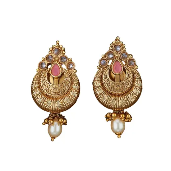 Indian Ethnic Earrings for Women - Traditional South Indian Stud Earrings Gold Plated Vibhati Jhumkas Faux Kundan Dangle Drop Earrings in Gold Tone Ear Jewelry for Bride | Gift for Her PINK {1}