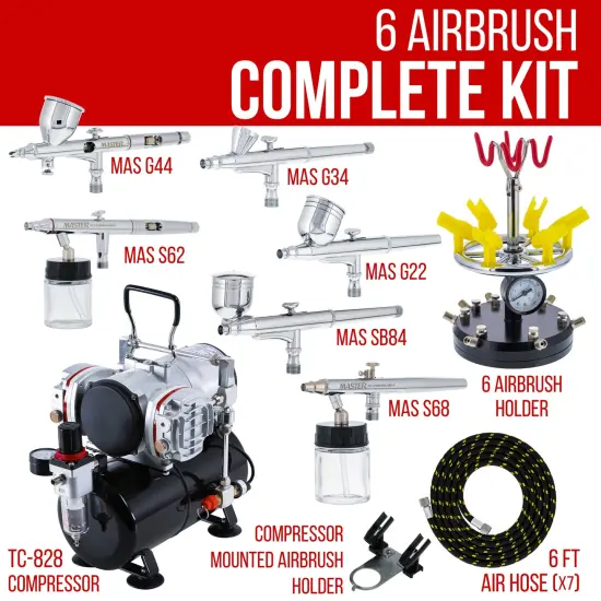6 Master Model G22, G34 & G44 Gravity Feed, S62 & S68 Siphon Feed, S68 Side Feed Airbrushes with Twin Piston Air Compressor with Storage Tank {2}