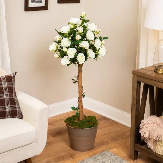Northlight Potted Floral Artificial Roses in Bloom Garden Tree - White - 4' Green {1}