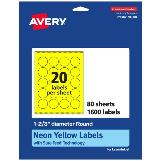 Avery Neon Yellow Paper Labels, 1-2/3" Diameter Round {1}