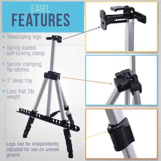 66" Silver Metal Tripod Easel Display - Adjustable 18"- 5.5', Holds 36" Canvas - Floor/Tabletop Easel Stand, For Sign Display, Painting, Poster Board, Canvas - Portable Bag {3}