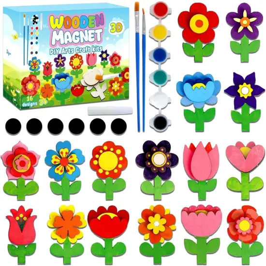 16 Sets Flower Spring Crafts Kit Wooden Fridge Magnets {1}