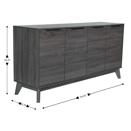 Merrick Lane Blakely Mid-Century Modern Four Door Buffet, TV Stand with Shelving Black Wash {4}
