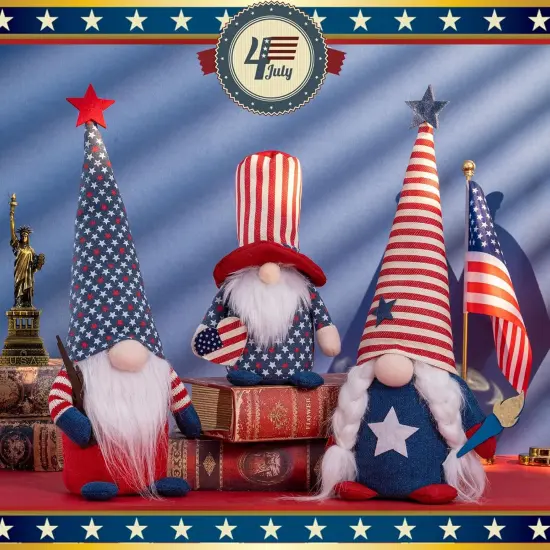 4th of July Patriotic Gnomes Decorations - 3PCS Handmade Gnomes American Stars&Stripes Plush Elf Scandinavian Tomte Veterans Memorial Day Gift - Fourth of July Independence Day Tabletop Decor {3}