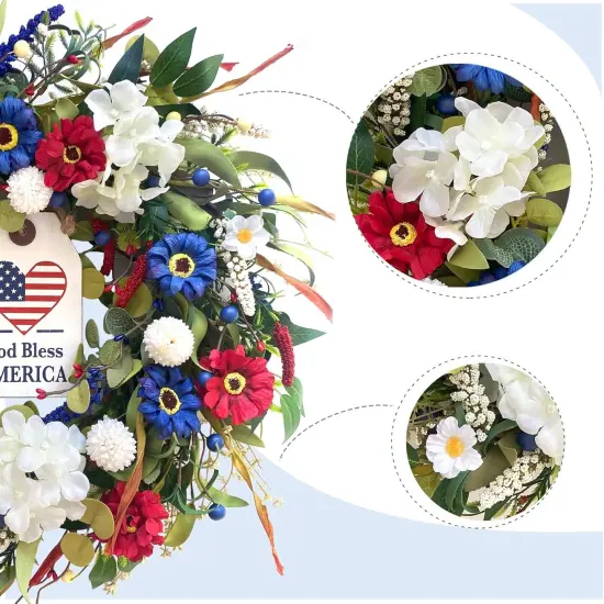 20 inch Independence Day Greenery Wreath for Front Door, 4th of July Independence Day Red White Blue Flower Wreath for Wall Window Party Wedding Decor Spring Summer Decoration for Home {2}