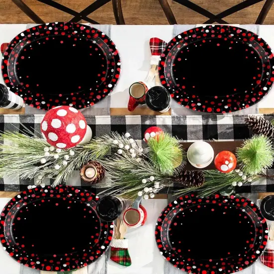 50 Pcs Large Red Dot on Black Party Plates - 10"x12" Disposable, Heavy Duty, 400 GSM, Perfect for Black & Red Birthday Decorations {3}