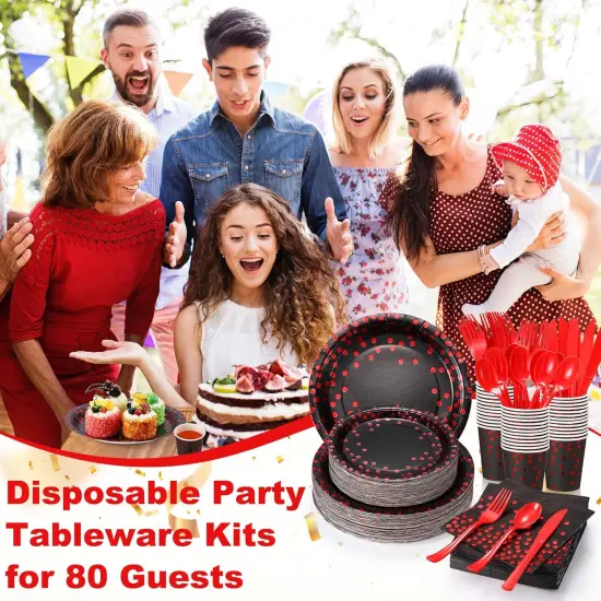 560 Pcs Black and Red Party Supplies for 80 Guests - Disposable Dinnerware Set with Black and Red Paper Plates, Napkins, Cups, Plastic Forks, Knives and Spoons {5}