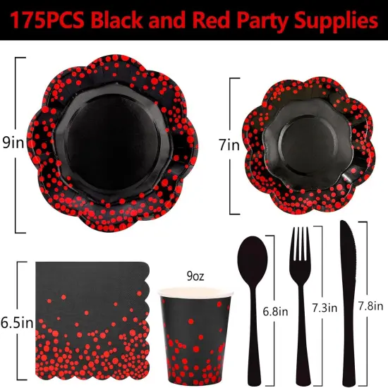 175PCS Red and Black Birthday Decorations,Red Dot on Black Party Plates and Napkins,Black Paper Plates for Birthday Baby Shower Wedding Anniversary Party Decorations,Serves 25 {3}