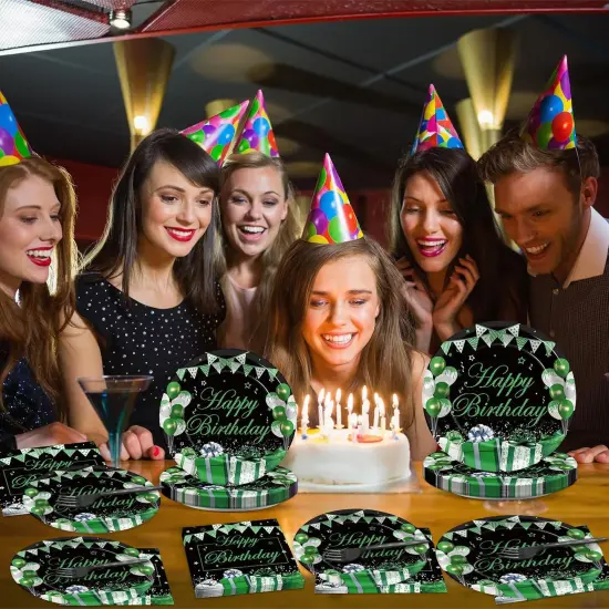 200PCS Green and Black Silver Party Tableware Set Confetti Sprinkles Green Birthday Plates Napkins Forks Table Decors for Men Women, 50 Guests {4}
