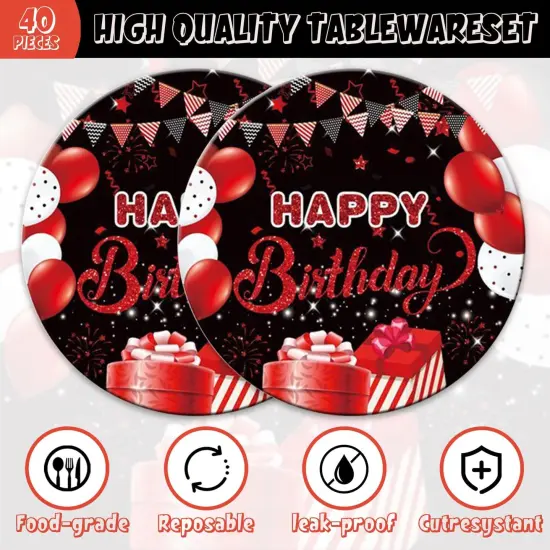 40pcs Red and black birthday Party Supplies,include 20 dessert plate, 20 Napkin,Used for Red and black birthday Party Decoration (Red Black) {3}
