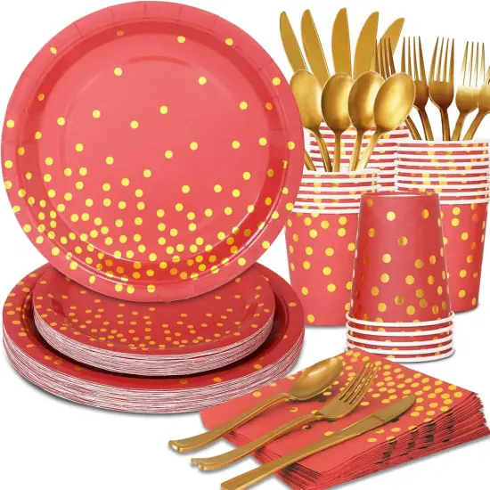 168Pcs Red and Gold Party Tableware Decorations, Red Plates and Napkins Serve 24, Red Paper Plates, Red and Gold Plates for Birthday Valentines Plates, Mardi Gras Plates, Red Graduation Plates {1}